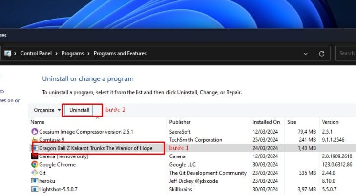 nhấn chuột trái vào ứng dụng và chọn chọn"Uninstall"