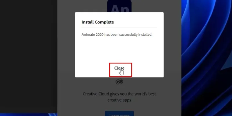 Adobe Animate 2020: Hướng dẫn Tải, Cài đặt & Sử dụng 13 bấm Close hoàn tất cài đặt phần mềm