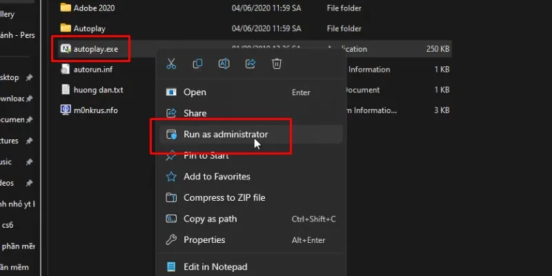 chuột phải vào autoplay.exe chọn run as admin