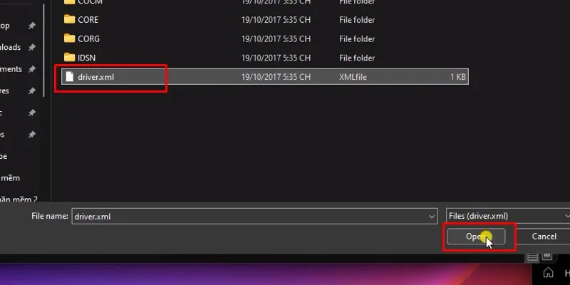 chọn driver.xml và bấm open