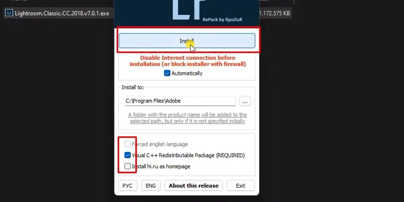 Lightroom 2018: Hướng Dẫn Cài Đặt 13 Tích chọn như hình và nhấn Install