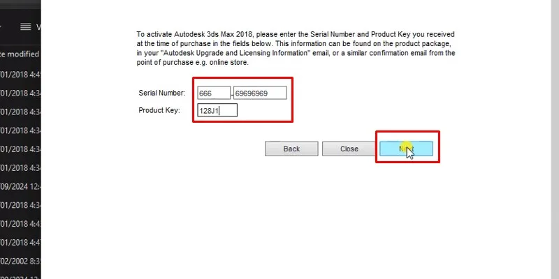 3Ds Max 2018 Hướng dẫn cài đặt miễn phí 19 điền 666-69696969 và 128J1 vào như hình