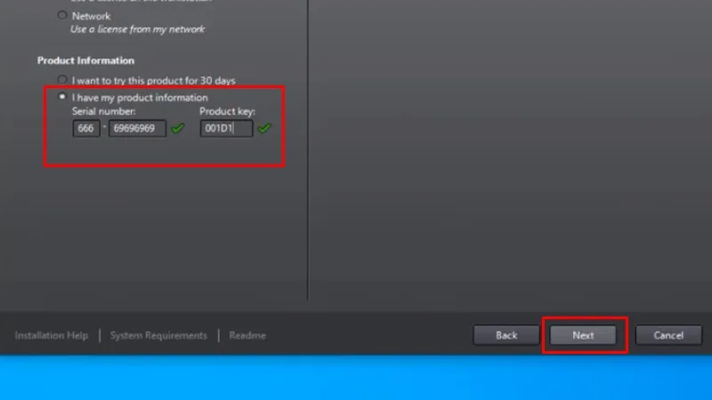 Nhập Serial Number: 666-69696969, Product key: 001D1 và bấm Next