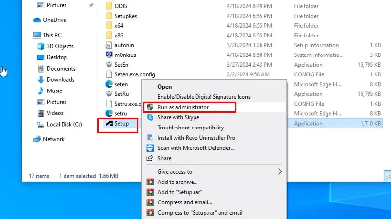 Chuột phải file Setup và chọn Run as admin....