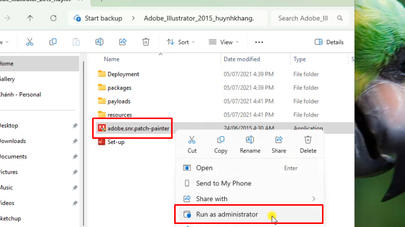 Chạy file adobe.snr.patch-painter bằng quyền admin