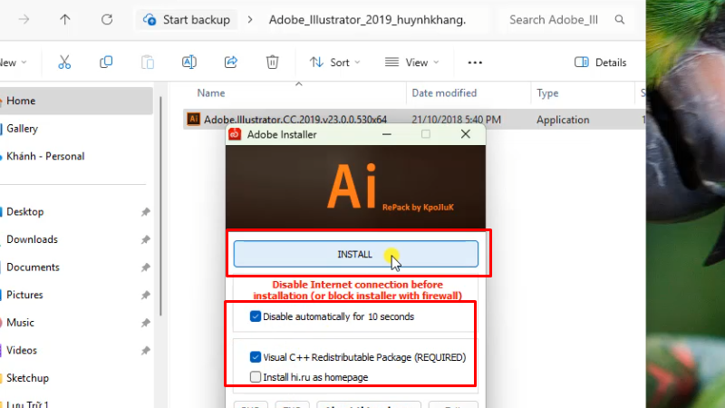 Tích như hình và bấm Install