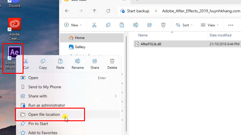 Chuột phải vào app After Effects 2019 chuột phải và chọn Open file location