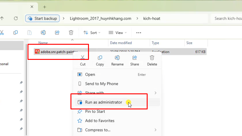 Tải Lightroom 2017: Hướng Dẫn Cài chi tiết 45 Chạy file adobe.snr.patch... bằng quyền Admin
