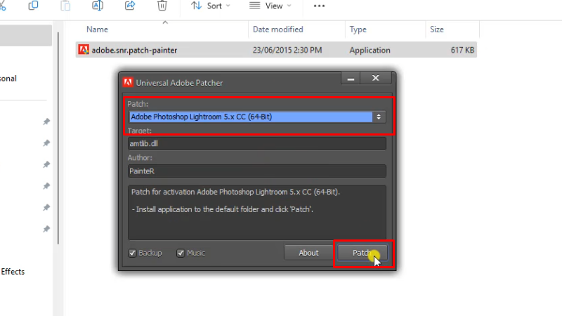 Tải Lightroom 2017: Hướng Dẫn Cài chi tiết 47 Chọn Adobe Photoshop Lightroom 5.x CC (64BIT) và bấm Patch