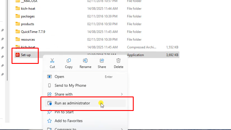 Chạy file cài đặt bằng quyền Admin