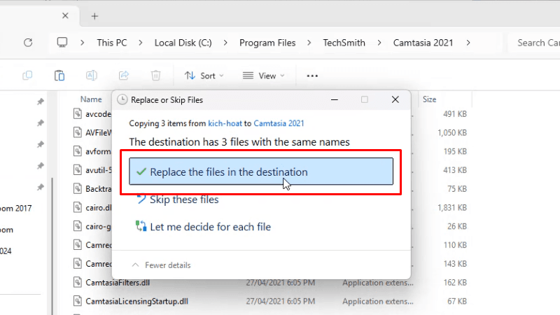 Bấm vào Replace the files...