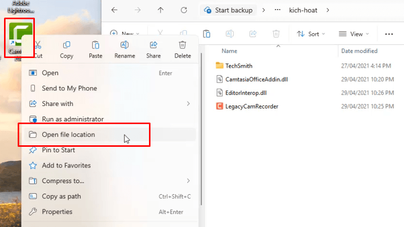 Chuột phải vào app Camtasia 2021 chọn Open file location