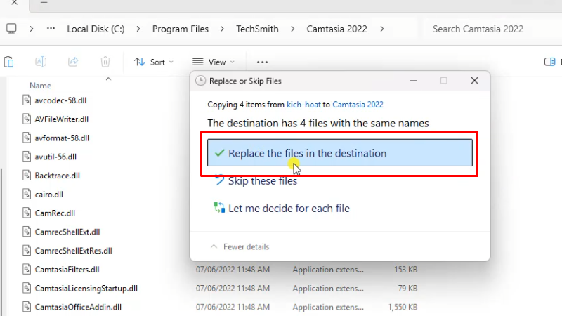 Camtasia 2022: Đơn giản và nhanh chóng nhất 20 Bấm váo Replace the files như hình