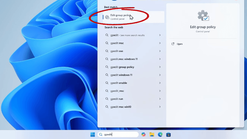 Vào thanh search gõ gpedit chọn Edit group policy