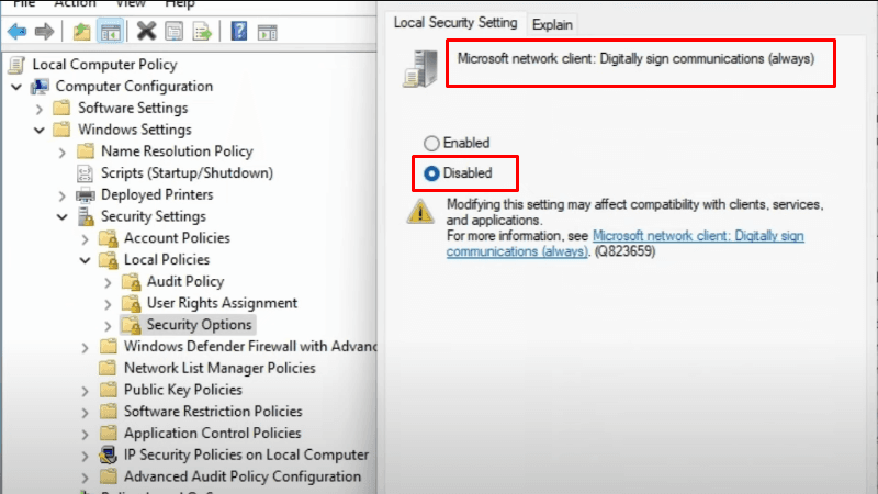 Microsoft network client: Digitally sign communication (always)