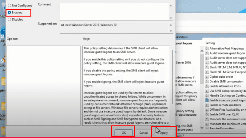 Enable insecure guest logons