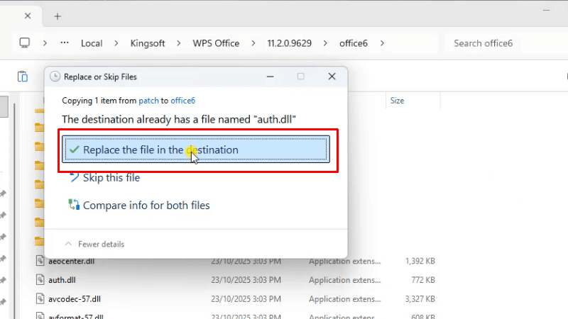WPS Office 2020: Hướng Dẫn Cài Đặt Chi Tiết 23 Bấm Replace the file hoàn thành cài đăt và kích hoạt