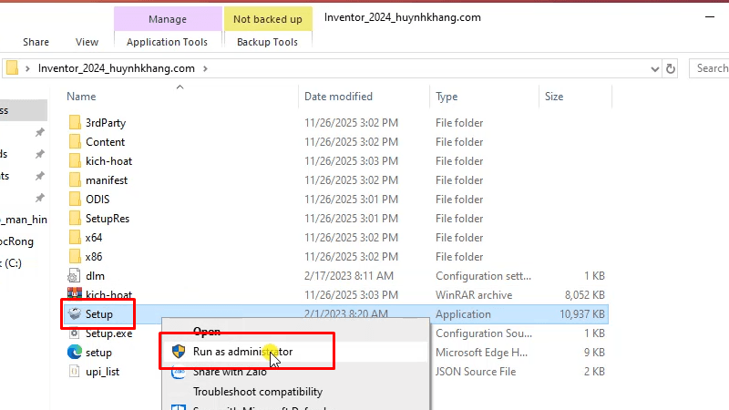 Cài đặt bằng quyền Admin