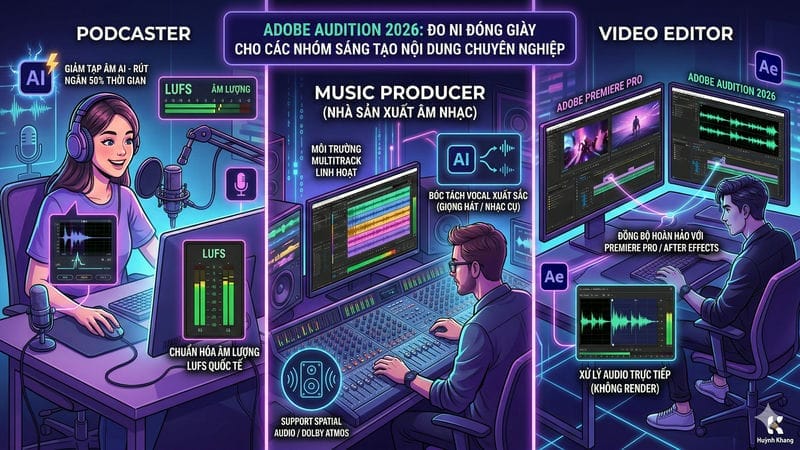 Adobe Audition 2026: Đỉnh Cao Xử Lý Âm Thanh AI Chuyên Nghiệp 12 Đối tượng mục tiêu: Podcaster, Producer, Editor video