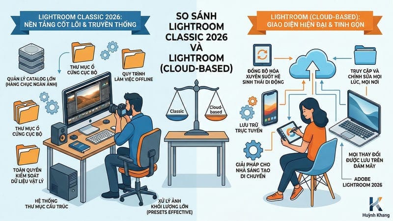 Tính Năng Adobe Lightroom 2026: Đột Phá AI Chỉnh Ảnh 13 So sánh Lightroom Classic 2026 và Lightroom (Cloud-based)