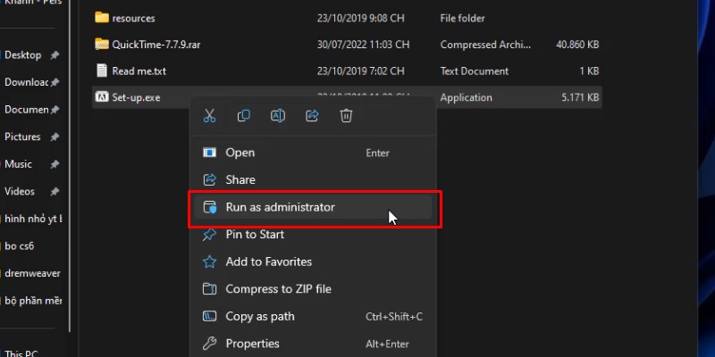Chuột phải vào set up và chọn run as admin