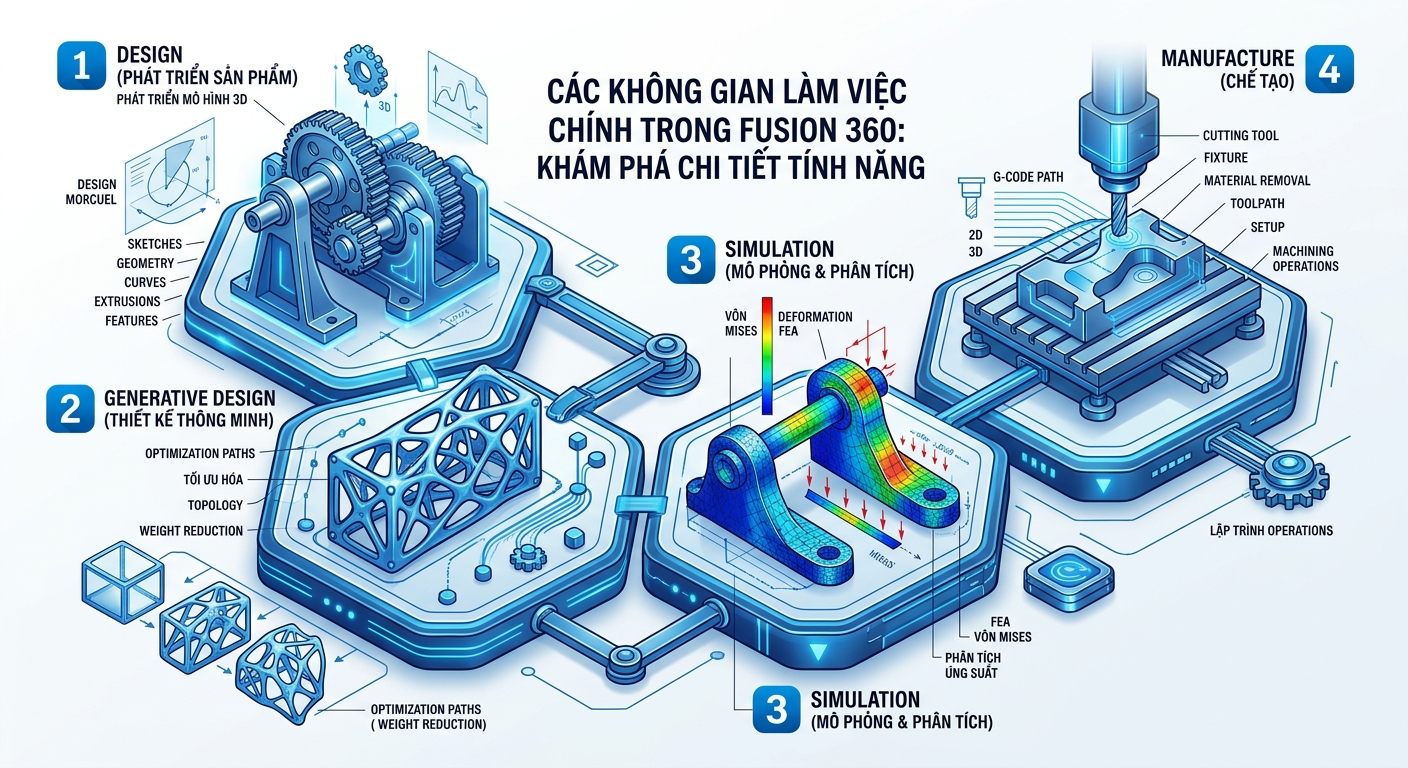 Fusion 360: Giải Mã Sức Mạnh & Tính Năng Nổi Bật 2024 10 Các không gian làm việc (Workspace) chính trong Fusion 360: Khám phá chi tiết tính năng